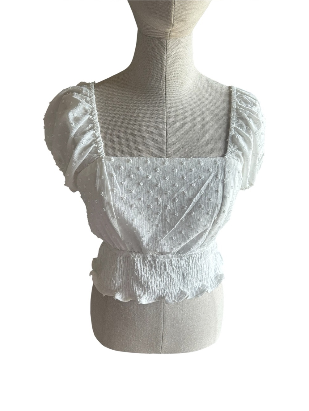Swiss Dot Square-Neck Smocked Crop Top - White